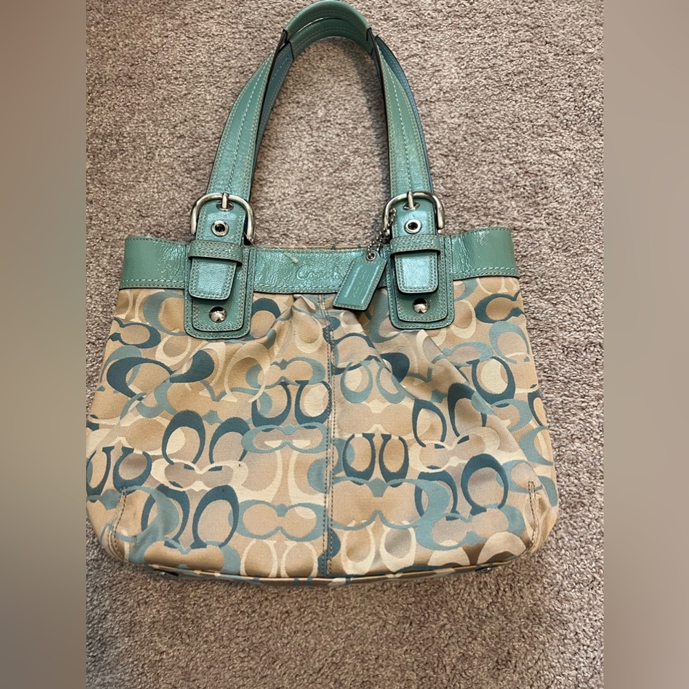 Blue/Tan/Ivory Coach shoulder bag with buckle straps